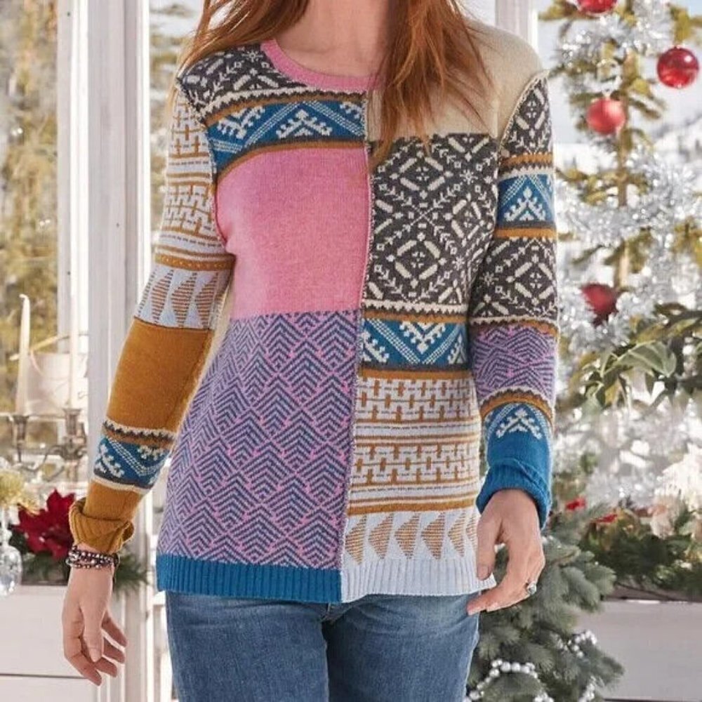 Sundance Fields of Fair Patchwork Multicolored Sweater Alpaca Wool Size Medium - Picture 1 of 6